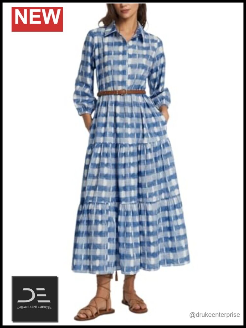 Women's Cotton Gingham Plaid Maxi Dress Button Down Shirt Dress